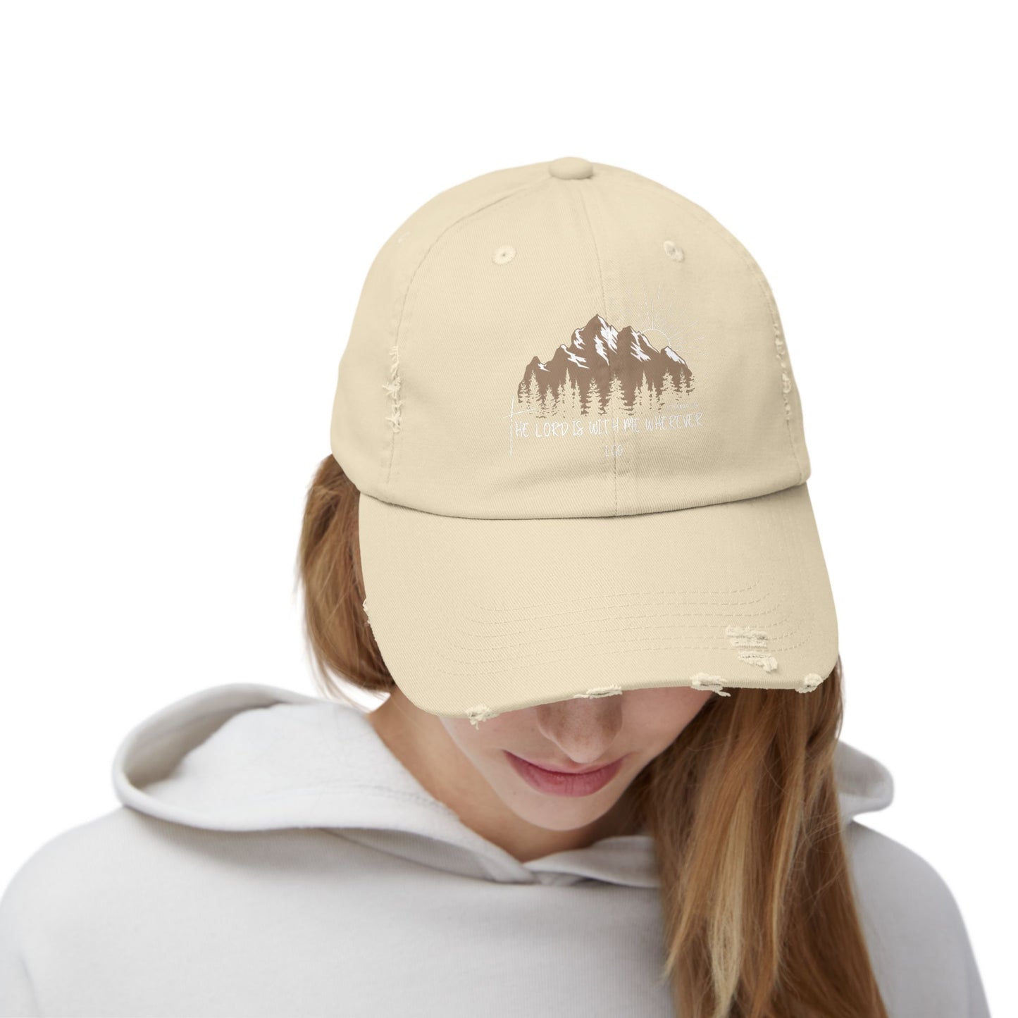 Faith-Inspired Distressed Cap for Adventurers | Vintage Style, Outdoor Gear, Gift for Nature Lovers